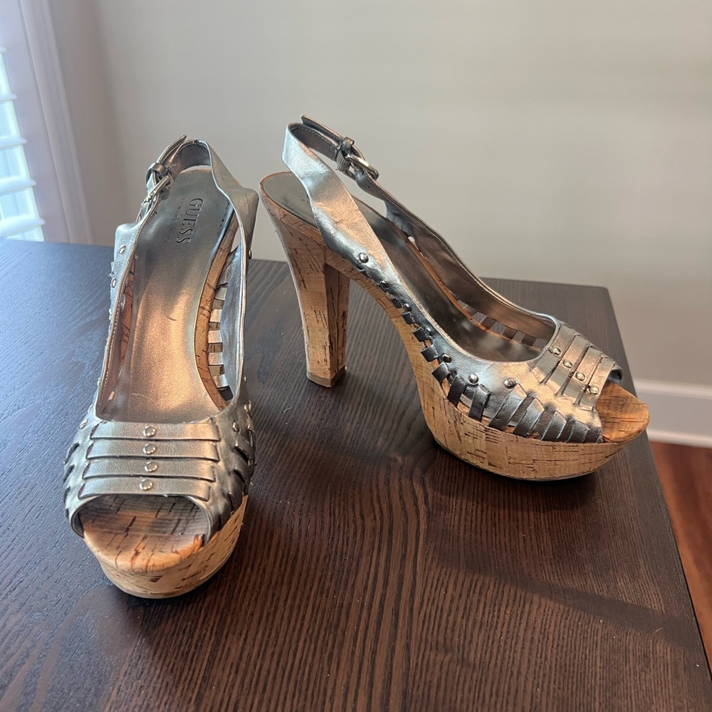 GUESS Metallic Silver Cork Platform Wedge Slingbacks